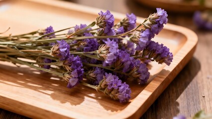 Fototapeta premium DriedPurpleFlowersWoodenTray