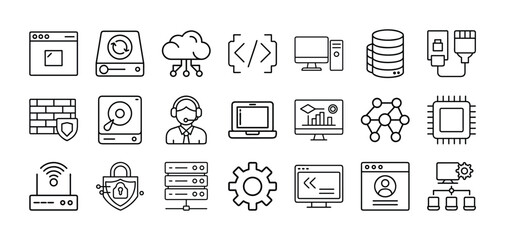 Fototapeta premium Outline Information Technology Icon Set in Line Art Style for Computers, Networking, Data Management, Cloud Services, and Digital Interface Design