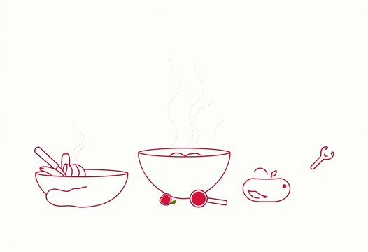 Minimalist line art depicting cooking actions and ingredients with a simple, modern doodle approach for online recipes,  utensils,  line art food