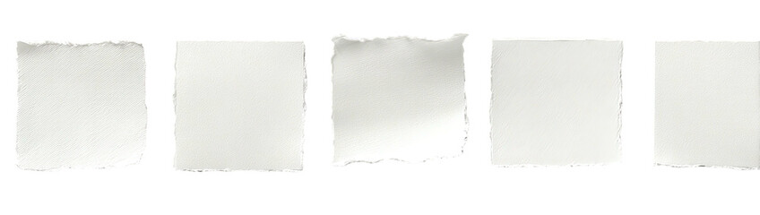Obraz premium Five torn paper rectangles on black background, uneven edges, white paper, isolated