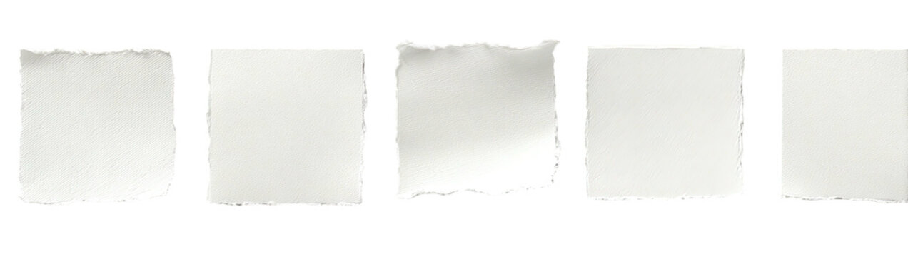 Five torn paper rectangles on black background, uneven edges, white paper, isolated