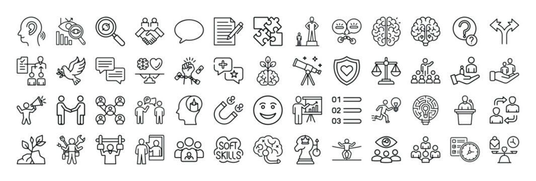 Outline Soft Skills Icon Set in Line Art Style for Communication, Leadership, Teamwork, Problem Solving, and Digital Interface Design