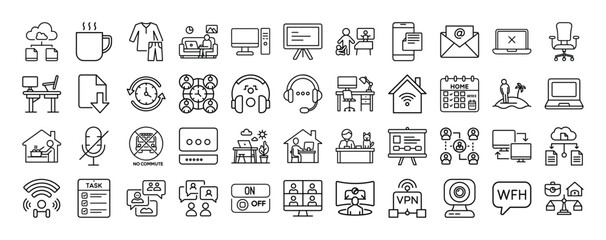 Obraz premium Outline Working from Home Icon Set 44 in Line Art Style for Remote Work, Home Office Setup, Online Meetings, and Digital Interface Design