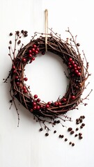 Fototapeta premium Rustic Twig Wreath with Red Berries Hanging on White Textured Wall