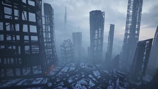 Towering skeletal skyscraper frames rise from shattered metallic ground in thick blue fog, distant pale sky barely visible, oppressive sci fi post apocalypse atmosphere