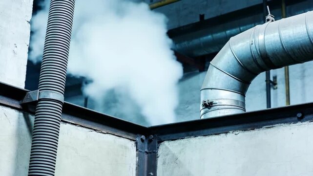 Industrial ventilation pipe venting steam or smoke into the air, symbolizing factory emissions and environmental impact.