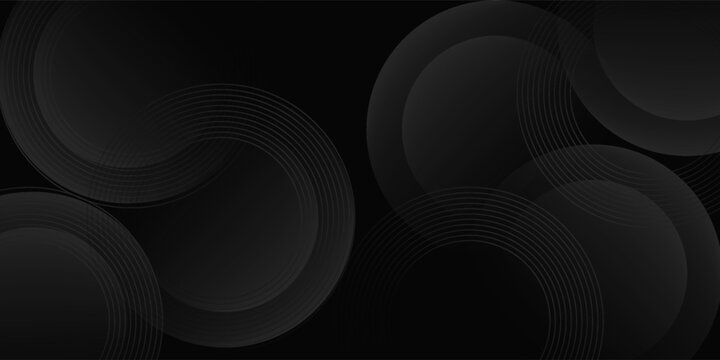 Dark black background abstract 3D geometric with circle line wave effect decoration.
