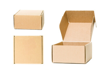 Three cardboard boxes of different sizes isolated on white background. One open, two closed, plain packaging, no labels or logos.