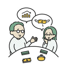 家計について話し合う40代夫婦のイラスト