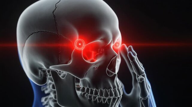 3D medical illustration of human skull with glowing red eyes and temples indicating severe headache or migraine pain.