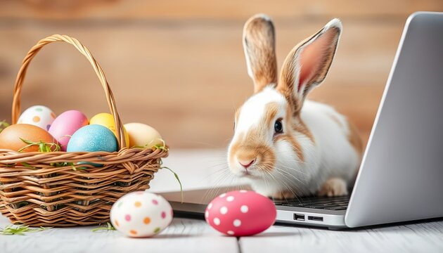 A curious Easter bunny looks at a laptop next to a basket of colorful eggs on a wooden table