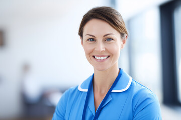Fototapeta premium Smiling female nurse portrait in modern healthcare facility, compassionate medical professional in blue uniform, experienced caregiver, hospital staff member, friendly healthcare service concept