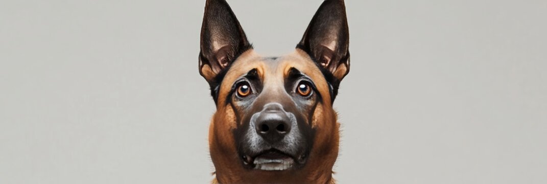 Portrait of a Belgian Malinois Dog with an Alert Gaze and Elegant Neck on a Gray Background