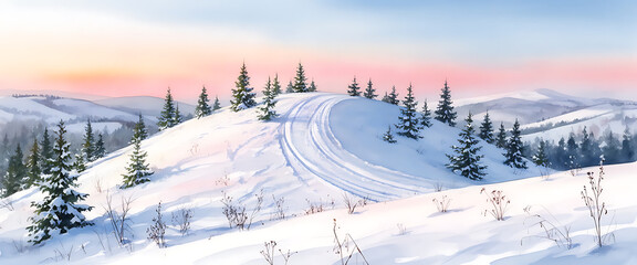 Watercolor Snowy Mountain Scene with Pine Trees and Ski Tracks in Winter Landscape