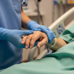 Obraz premium Medical professional holding patient's hand during a hospital visit. illustration
