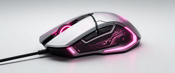 Futuristic Gaming Mouse with Pink LED Illumination and Modern Design on White Background