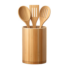 Wooden Kitchen Utensils Set: A set of bamboo cooking tools, a wooden spoon, spatula, and slotted spoon, stand neatly in a cylindrical holder. perfect tools for all your cooking needs. 