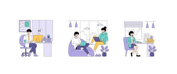Remote Work Vector Illustration with Three People