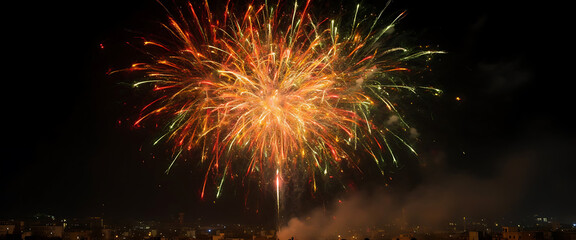 Spectacular Fireworks Bursting in the Night Sky Above City Buildings, Celebration Concept