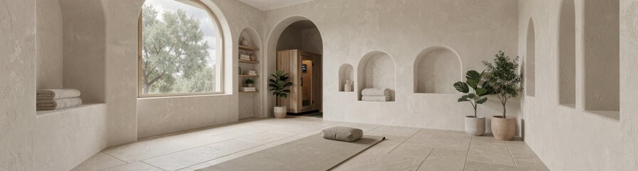 Serene minimalist home spa with sauna and yoga mat in bright room