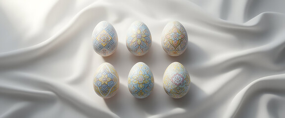 Abstract Colorful Speckled Objects on White Silk with Soft Lighting and Subtle Textures