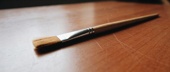 Close-up of clean paintbrush with wooden handle on scratched wooden surface. Perfect for art, craft, or creative tool visuals