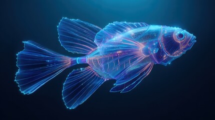 hyper realistic glowing cyber fish, translucent body with luminous digital lines, bioluminescent fins, dark deep sea background, futuristic ocean