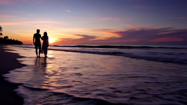 Romantic couple walking on a tropical beach at sunset, enjoying a beautiful evening together.