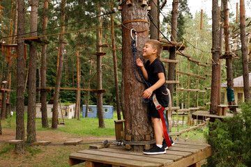 young toddler boy child is engaging with safety equipment on a ropes course in adventure nature activity park. continuous belay system on him. harness and safety line