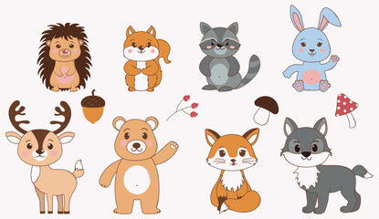 Obraz premium Animals in forest set, wolf, deer, fox, hare, hedgehog, raccoon, squirrel, bear