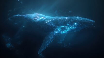 Fototapeta premium hyper realistic luminous whale, soft bioluminescent glow under skin, vast dark ocean, cinematic scale, futuristic ocean energy concept, calm majestic