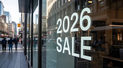 Obraz premium 2026 sale text displayed on shop window in busy city street 