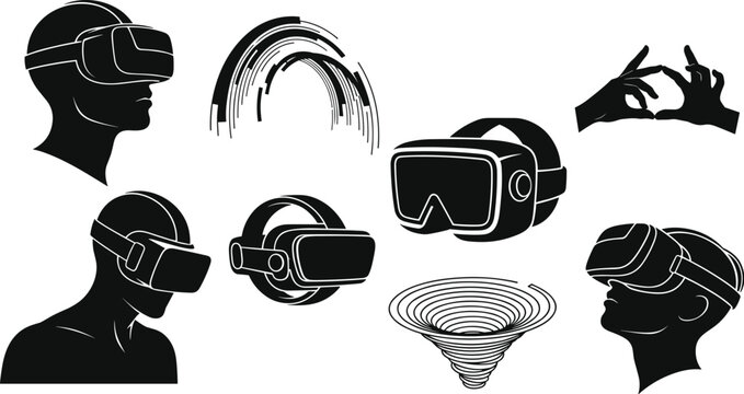 The image is a collection of black and white graphic illustrations related to virtual reality and abstract concepts.