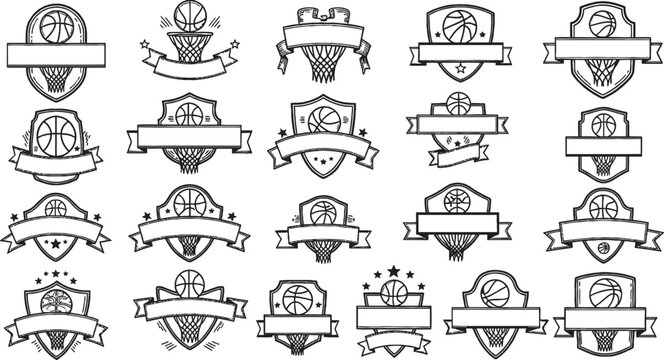 Collection of basketball emblem designs with shields, hoops, and banners, perfect for sports logos and team badges.