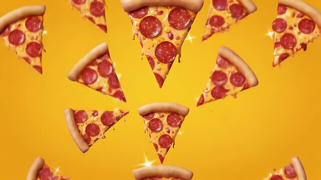 Slices of pepperoni pizza arranged in a circular pattern on a yellow background.