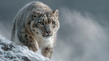 Fototapeta premium A snow leopard strides elegantly across a snowy terrain, its fur shimmering in muted light while swirling snowflakes dance around it. The scene captures a moment of serene beauty in the wild