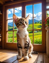 Chat devant la fen&ecirc;tre de la maison.