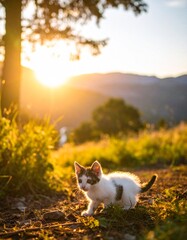 Chaton dans la nature avec un coucher de soleil