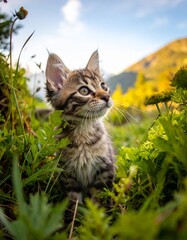 Chat dans la nature verdoyante.