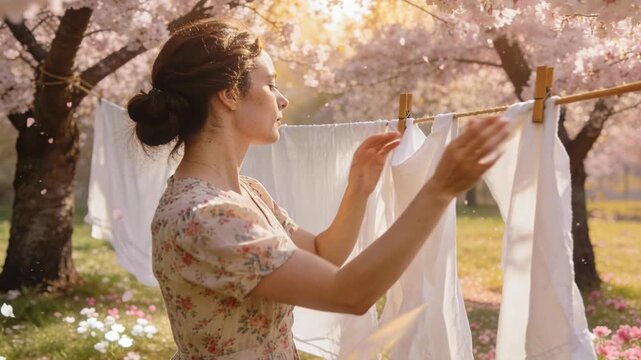 Spring woman hanging white laundry clothesline cherry blossom trees sunlight spring breeze lifts white linen as woman pins sheets