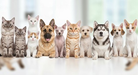 Charming Group Portrait of Various Adorable Dogs and Cats Together in a Fun Promotional Banner
