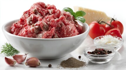 A bowl of freshly ground meat sits on a pure white surface, surrounded by vibrant tomatoes, fragrant garlic, herbs, and spices, waiting to inspire delicious culinary creations