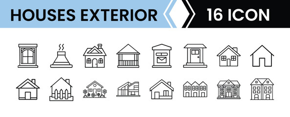 Fototapeta premium Outline House Exterior Icon Set in Line Art Style for Real Estate, Architecture, and Digital Interface Design