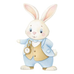 Naklejka premium Watercolor illustration of the White Rabbit with pocket watch, Alice in Wonderland fairytale character isolated on white.