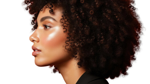 Side profile portrait of Black woman with natural afro curls, glossy skin highlight and soft studio lighting on white background