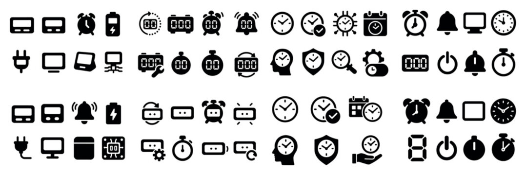 Diverse clock and timer icon set in black and white