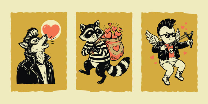 Cool Valentines Day Illustration Set: Greaser Wolf, Bandit Raccoon, and Punk Rock Cupid