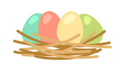 Happy Easter eggs in nest. Cute greeting card for traditional celebration.
