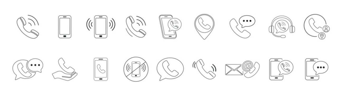 Phone icon set, contact symbols, telephone call signs, mobile chat bubbles, messaging and ringing cell phone pictograms, outline vector illustration for UI design on transparent background