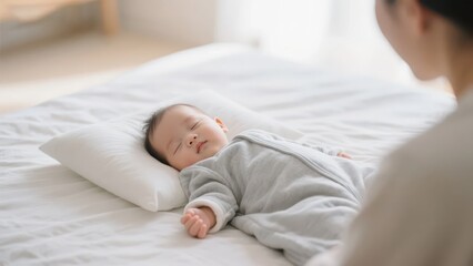 A mother gently watches a newborn sleeping peacefully on a pillow, with a pure and soft atmosphere conveying the peace and companionship between parent and child, making it a material image suitable f